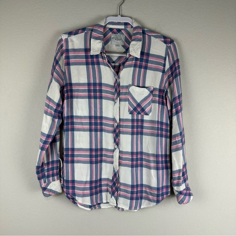 Rails White Blue Pink Plaid 100% Rayon Button Up Shirt Size Medium